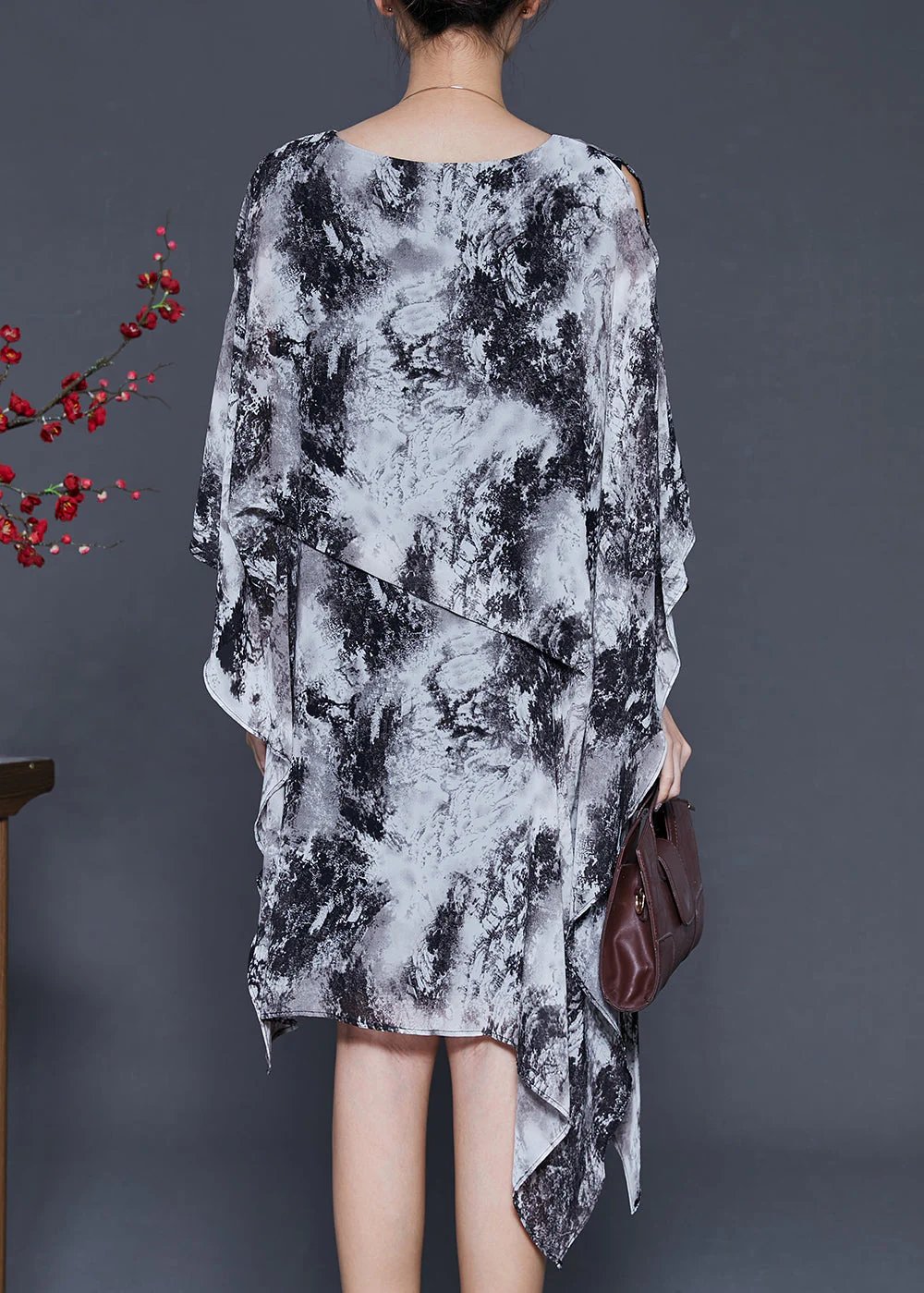 Ink Wash Painting Chiffon Holiday Dress Asymmetrical Design Summer - Image 4