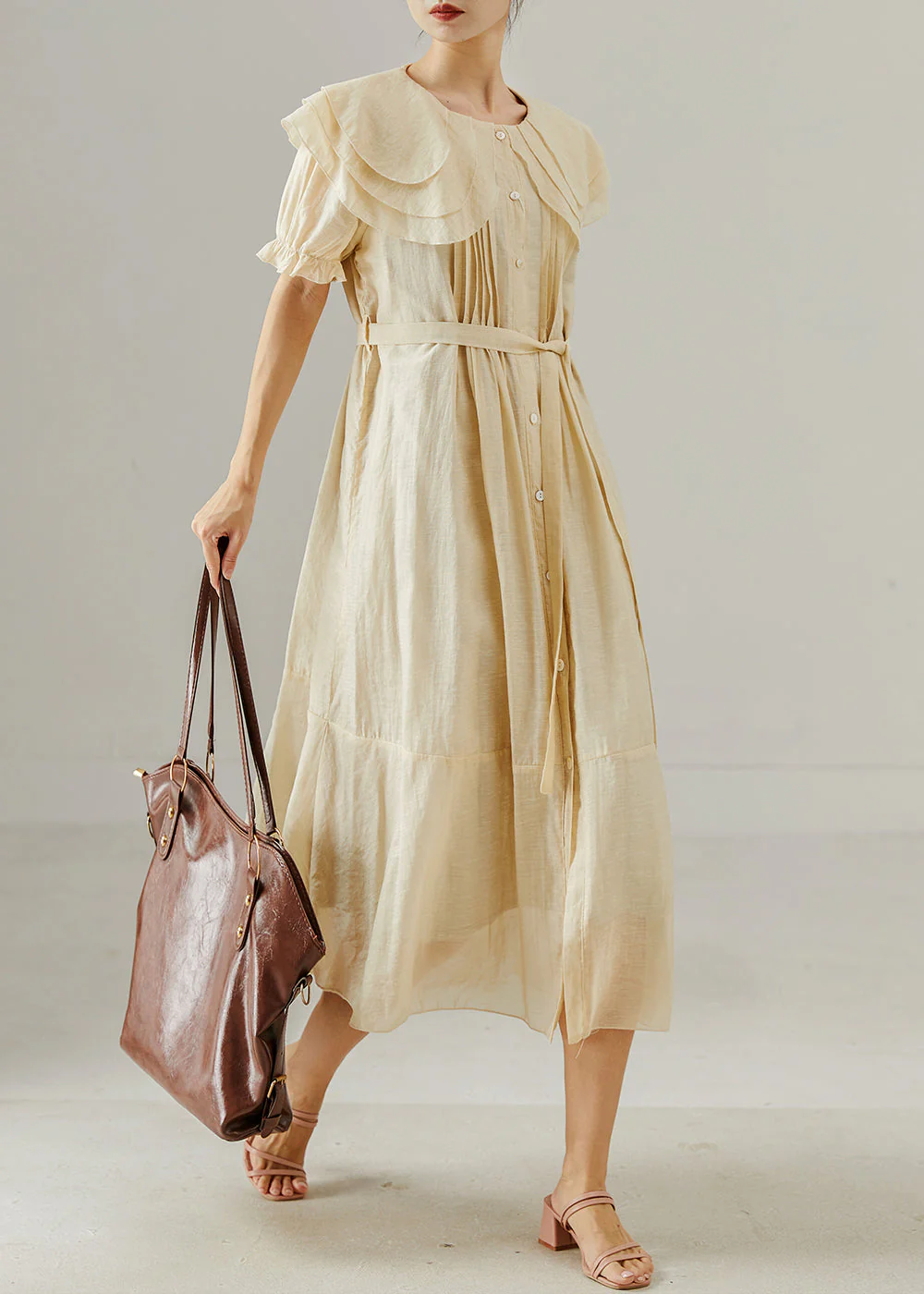 Italian Apricot Peter Pan Collar Wrinkled Cotton Shirt Dresses Summer - Image 2