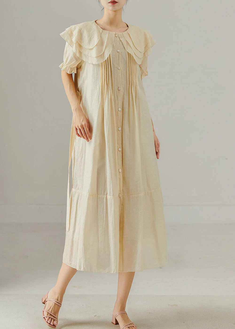 Italian Apricot Peter Pan Collar Wrinkled Cotton Shirt Dresses Summer - Image 3