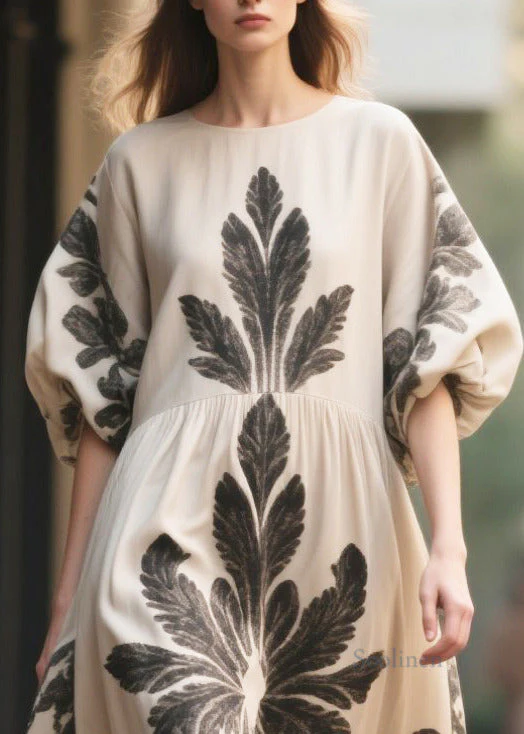 Italian Apricot Puff Sleeve Print Chiffon Long Dress - Image 2