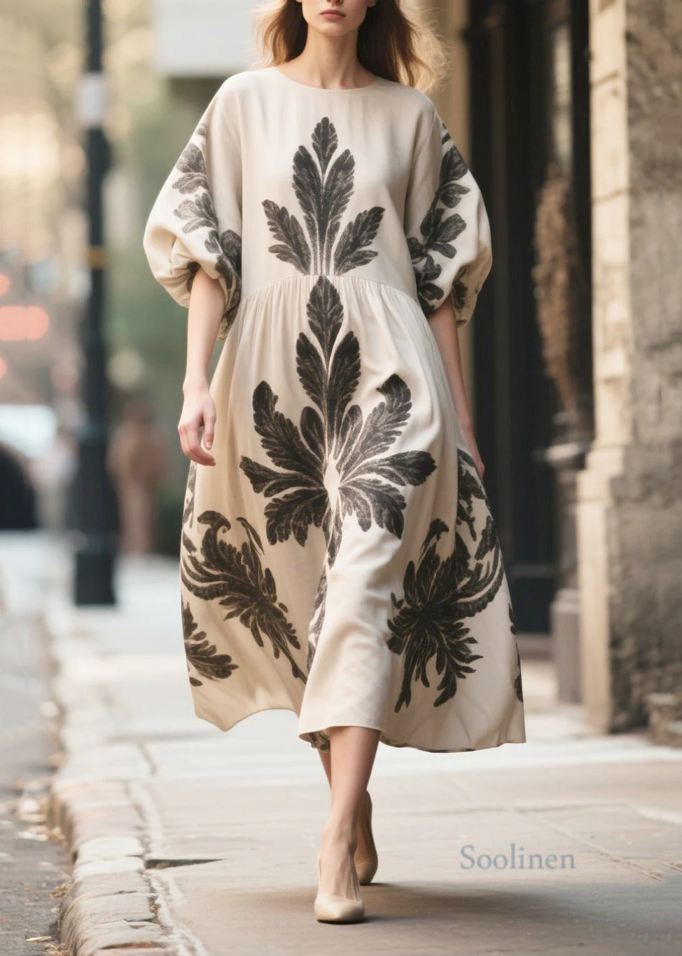 Italian Apricot Puff Sleeve Print Chiffon Long Dress - Image 3