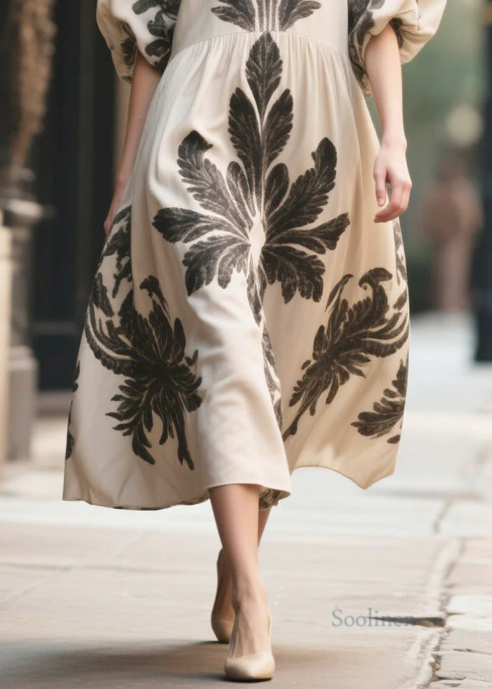 Italian Apricot Puff Sleeve Print Chiffon Long Dress - Image 4