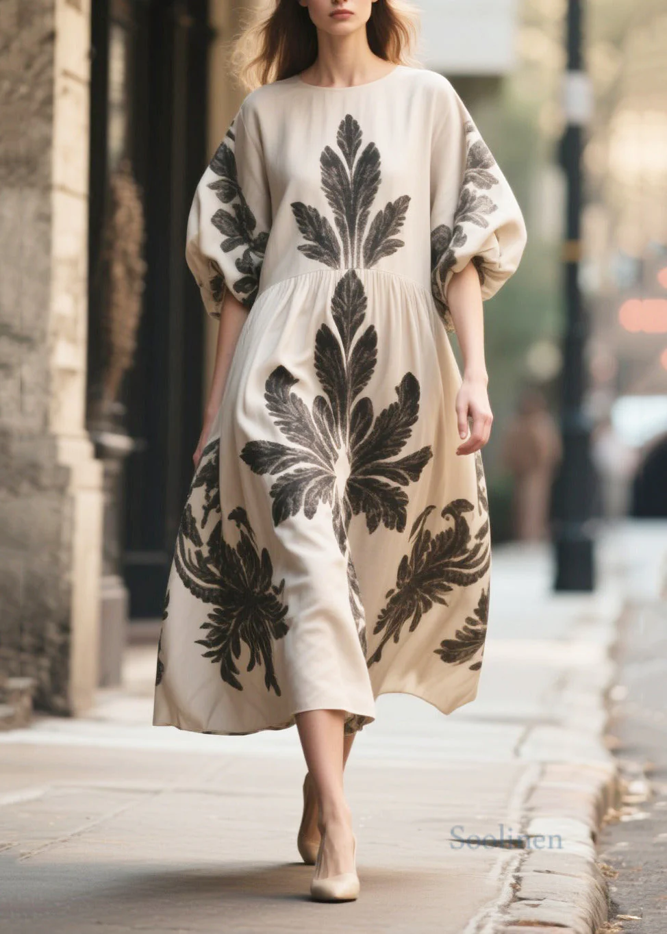 Italian Apricot Puff Sleeve Print Chiffon Long Dress - Image 5