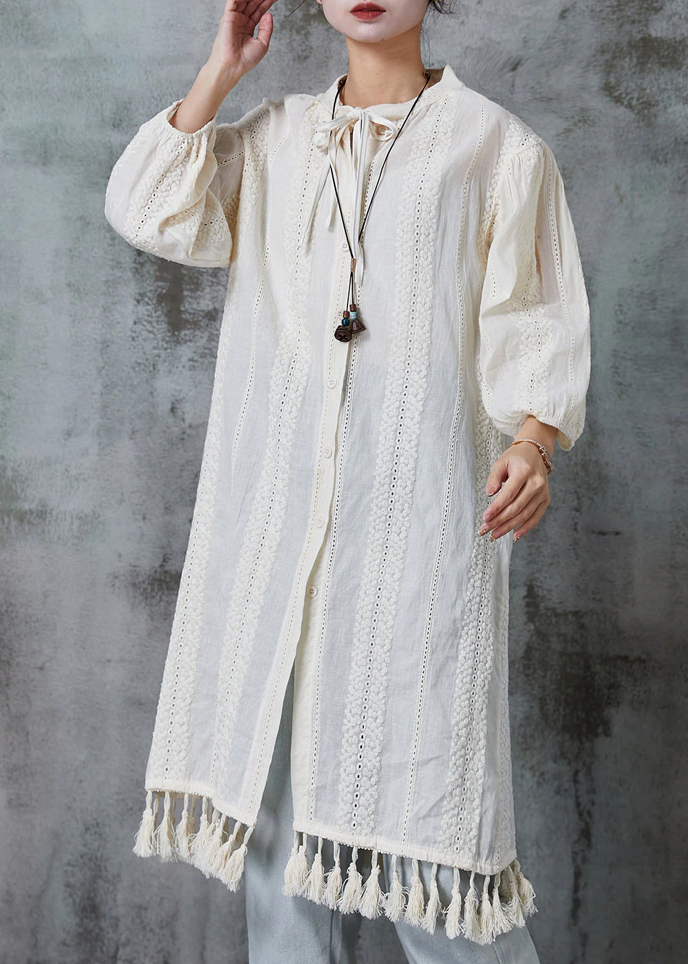 Italian Apricot Tasseled Embroidered Cotton Dress Spring - Image 3