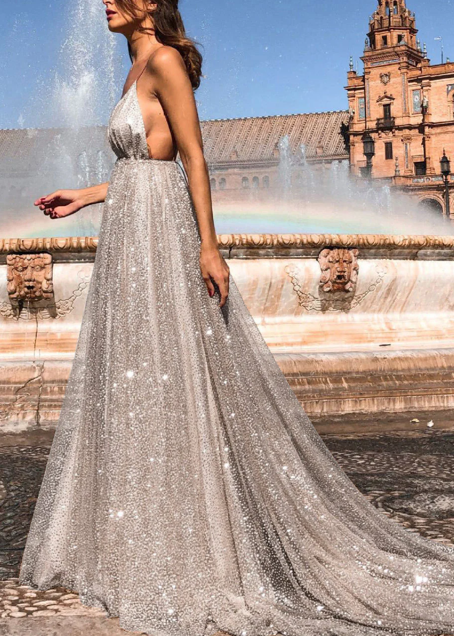 Italian Apricot V Neck Backless Sequins Spaghetti Strap Dress Summer - Image 4