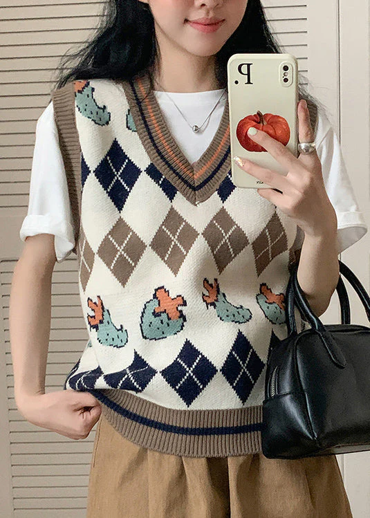Italian Apricot V Neck Jacquard Knit Vest Tops Sleeveless