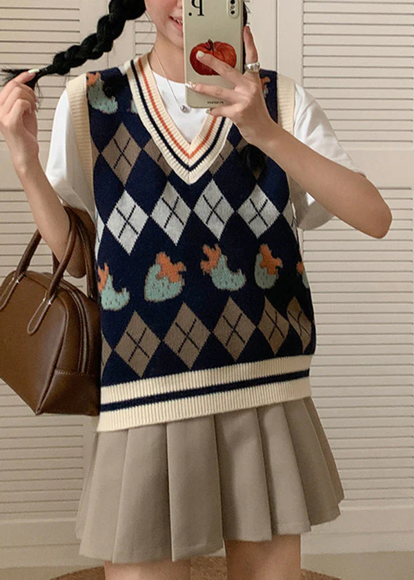 Italian Apricot V Neck Jacquard Knit Vest Tops Sleeveless - Image 2