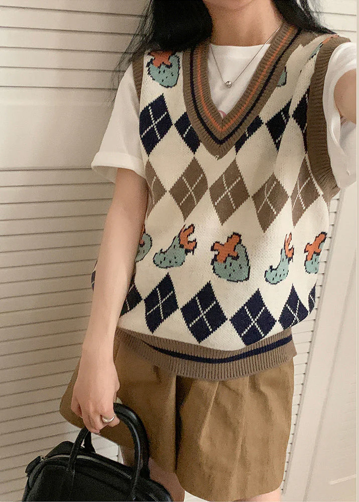 Italian Apricot V Neck Jacquard Knit Vest Tops Sleeveless - Image 3