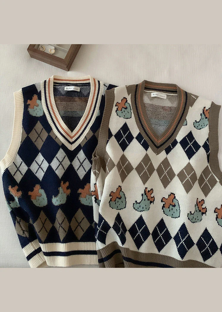 Italian Apricot V Neck Jacquard Knit Vest Tops Sleeveless - Image 5