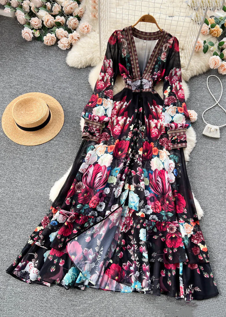 Italian Apricot V Neck Print Elastic Waist Chiffon Maxi Dresses Fall - Image 3