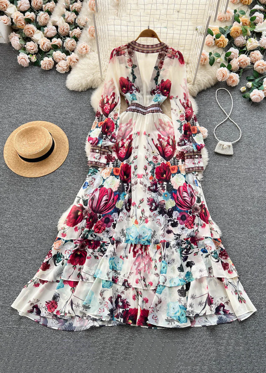 Italian Apricot V Neck Print Elastic Waist Chiffon Maxi Dresses Fall - Image 4