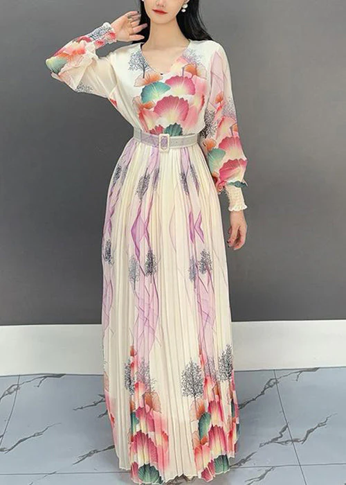 Italian Apricot V Neck Print Wrinkled Long Dress Spring - Image 3