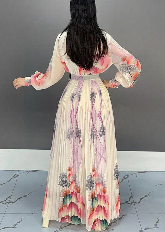 Italian Apricot V Neck Print Wrinkled Long Dress Spring - Image 4