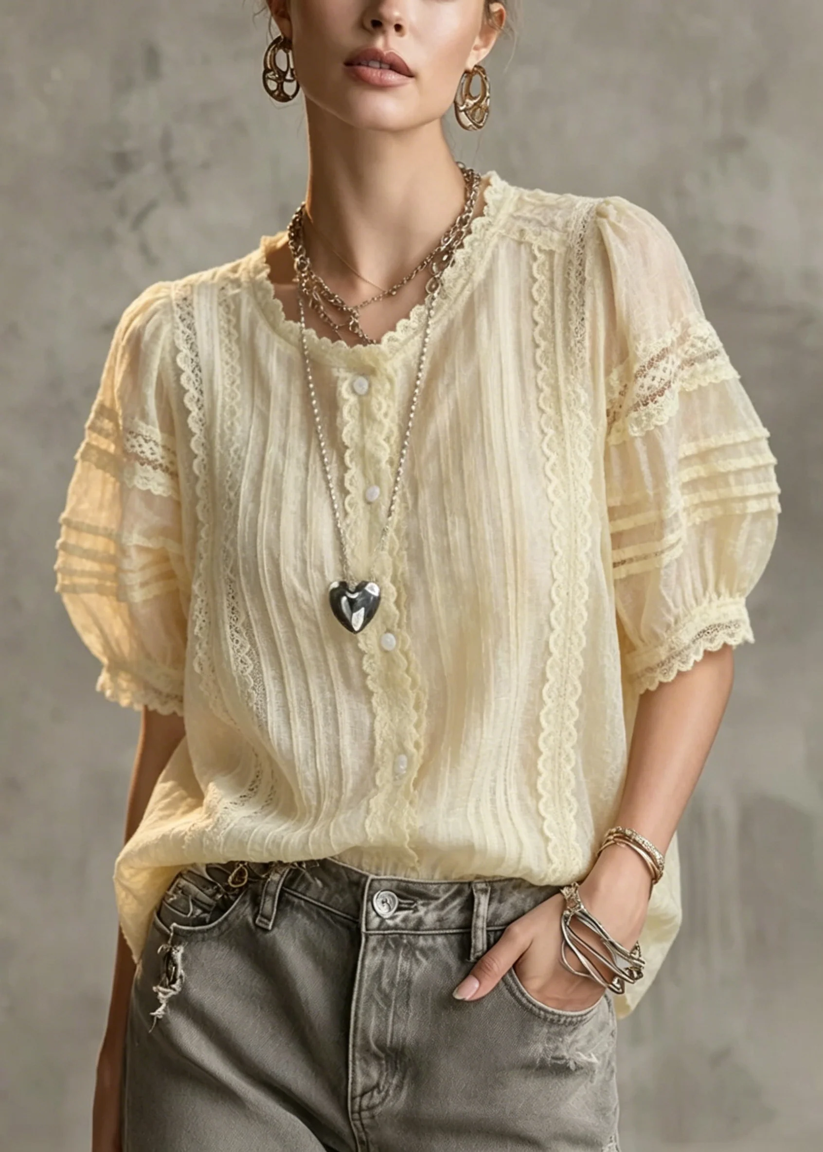 Italian Apricot Wrinkled Lace Patchwork Cotton Shirt Summer - Image 5