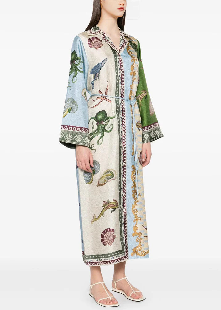 Italian Asymmetrical Print Tie Waist Cotton Blouses Dress Spring - Image 2