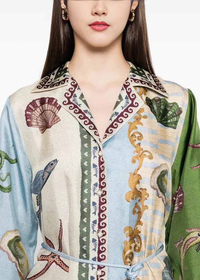 Italian Asymmetrical Print Tie Waist Cotton Blouses Dress Spring - Image 4