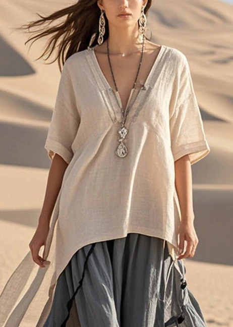 Italian Beige Asymmetrical Patchwork Cotton Long Dress Summer - Image 2