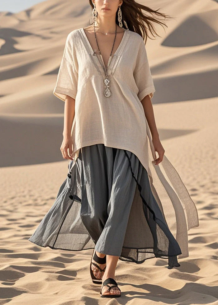 Italian Beige Asymmetrical Patchwork Cotton Long Dress Summer - Image 3