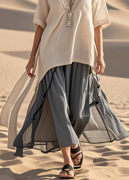 Italian Beige Asymmetrical Patchwork Cotton Long Dress Summer - Image 4