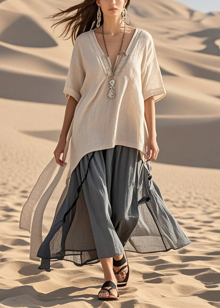 Italian Beige Asymmetrical Patchwork Cotton Long Dress Summer - Image 5
