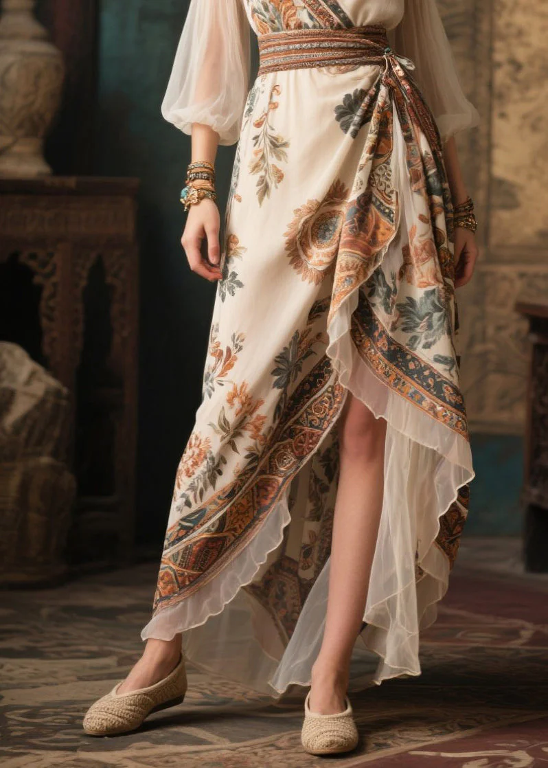 Italian Beige Cinched Patchwork Chiffon Ankle Dress Lantern Sleeve - Image 4