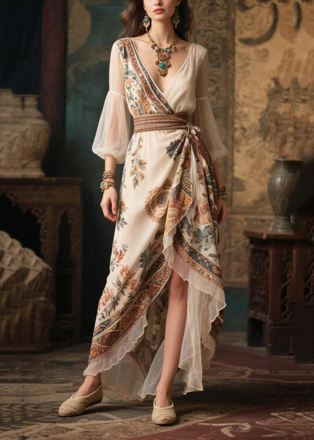 Italian Beige Cinched Patchwork Chiffon Ankle Dress Lantern Sleeve - Image 5