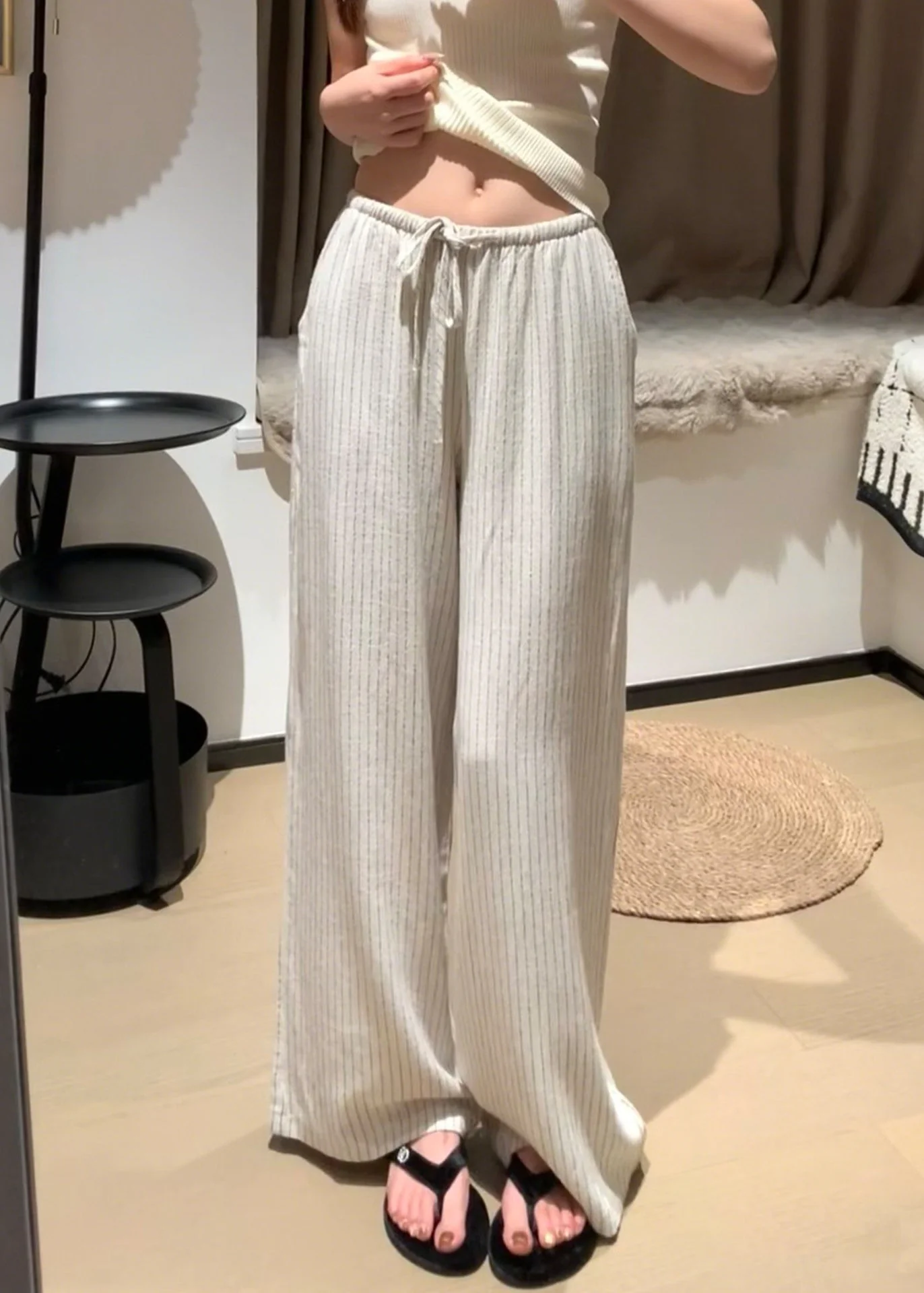 Italian Beige Elastic Waist Striped Linen Straight Pants Spring - Image 3