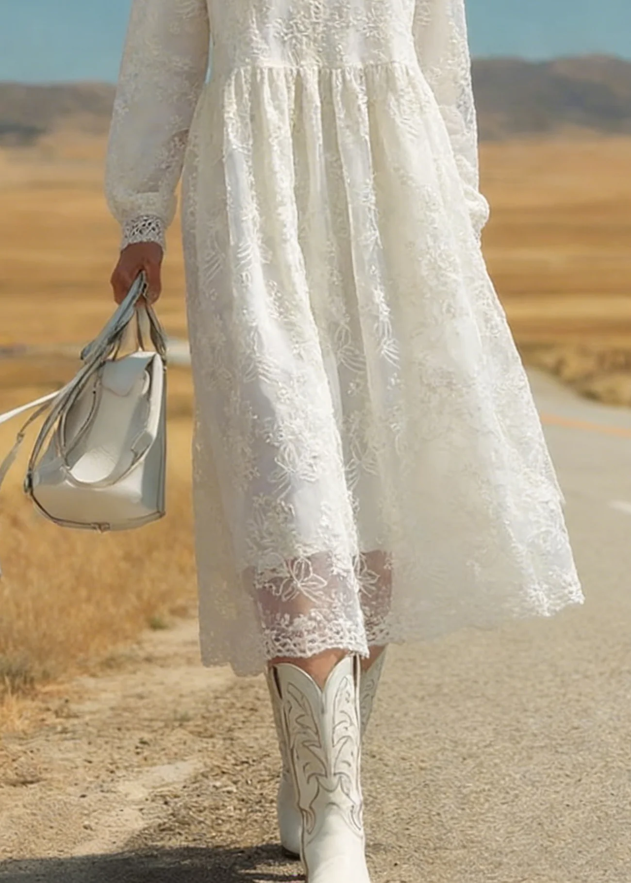 Italian Beige Embroidered Tulle Warm Fleece Long Dresses Spring - Image 4