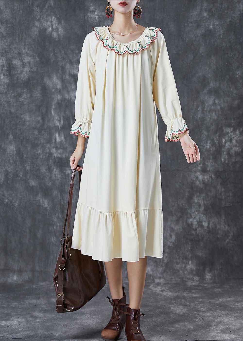 Italian Beige Embroidered Ruffles Cotton Maxi Dresses Fall - Image 3