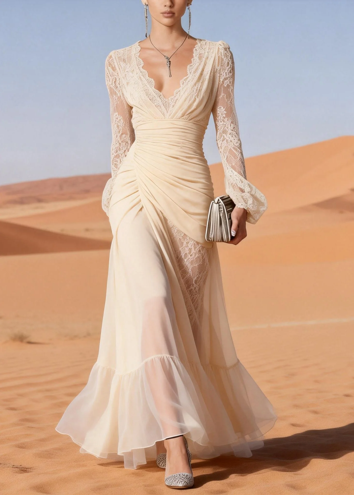 Italian Beige Lace Wrinkled Patchwork Chiffon Party Dress Spring - Image 3