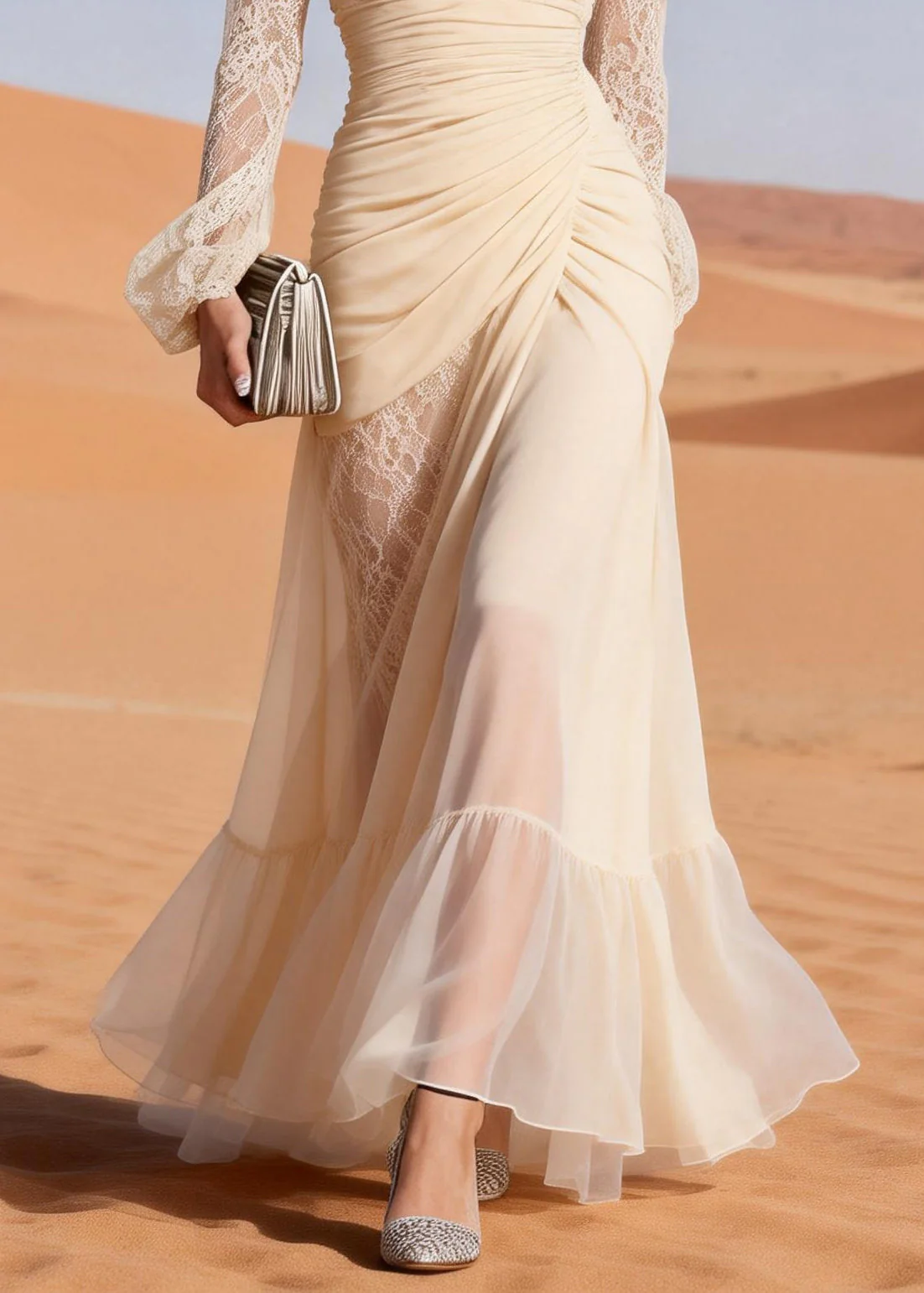 Italian Beige Lace Wrinkled Patchwork Chiffon Party Dress Spring - Image 4