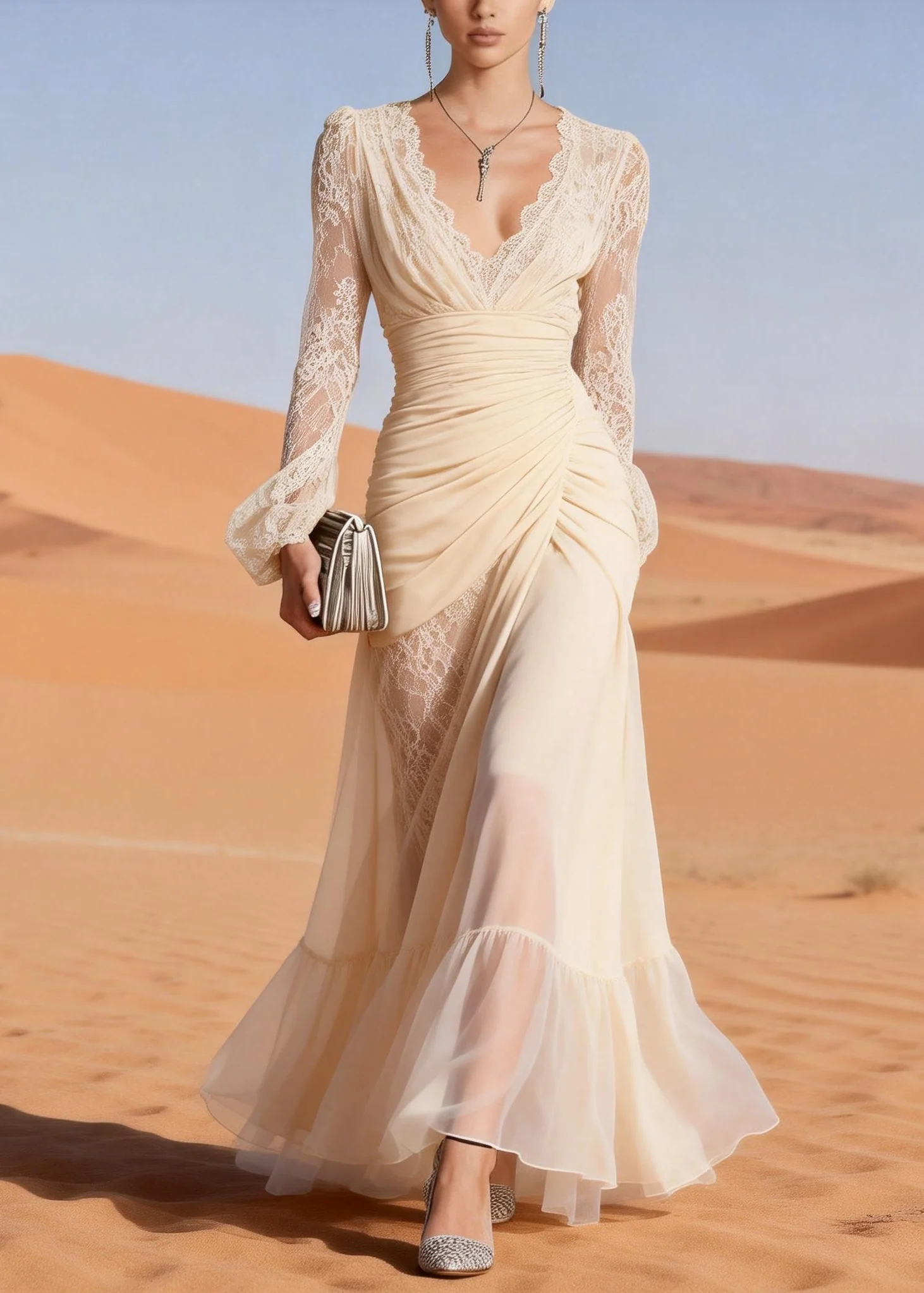 Italian Beige Lace Wrinkled Patchwork Chiffon Party Dress Spring - Image 5