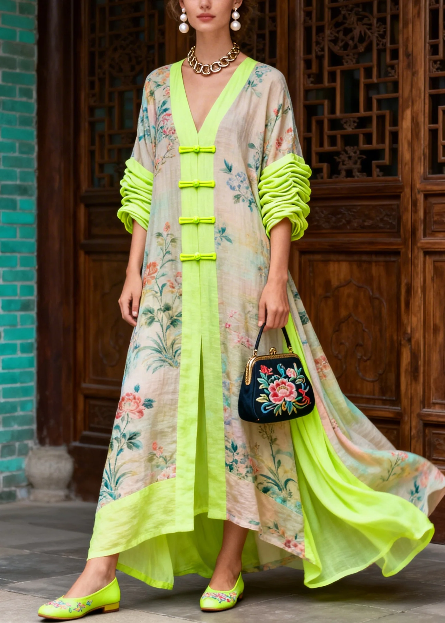 Italian Beige Oversized Patchwork Print Cotton Ankle Dress Summer - Image 3