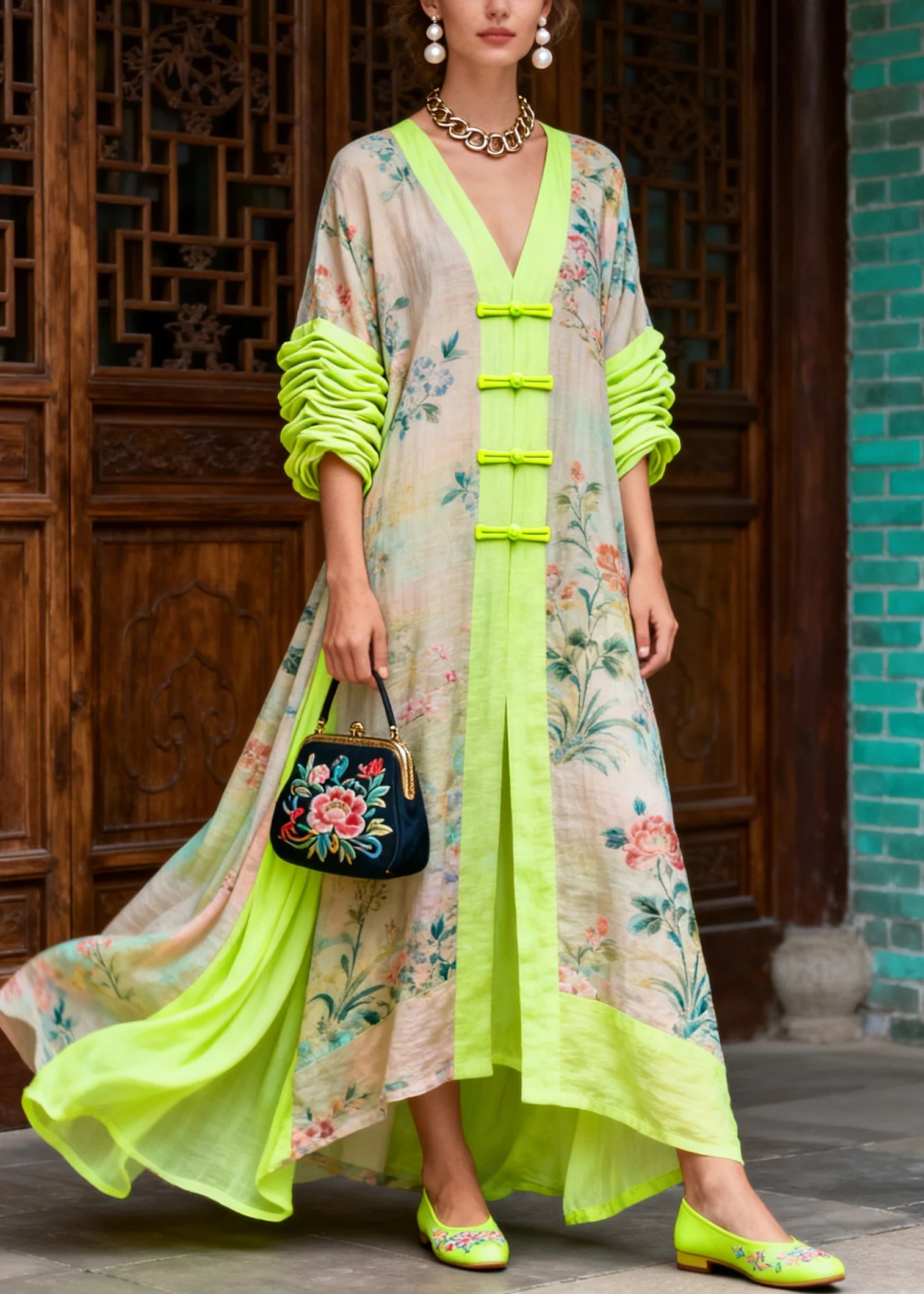 Italian Beige Oversized Patchwork Print Cotton Ankle Dress Summer - Image 5