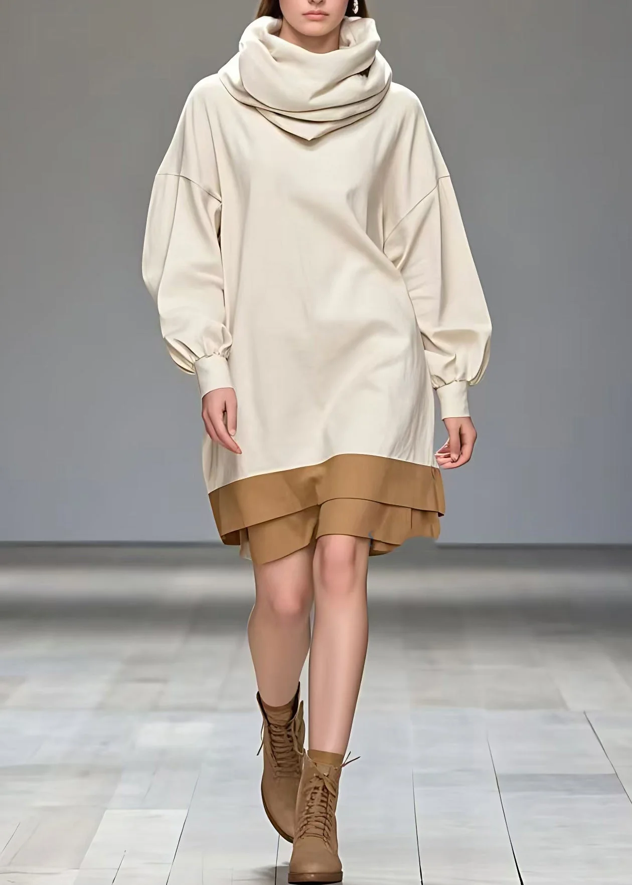 Italian Beige Patchwork Party Mid Dress Fall - Image 2