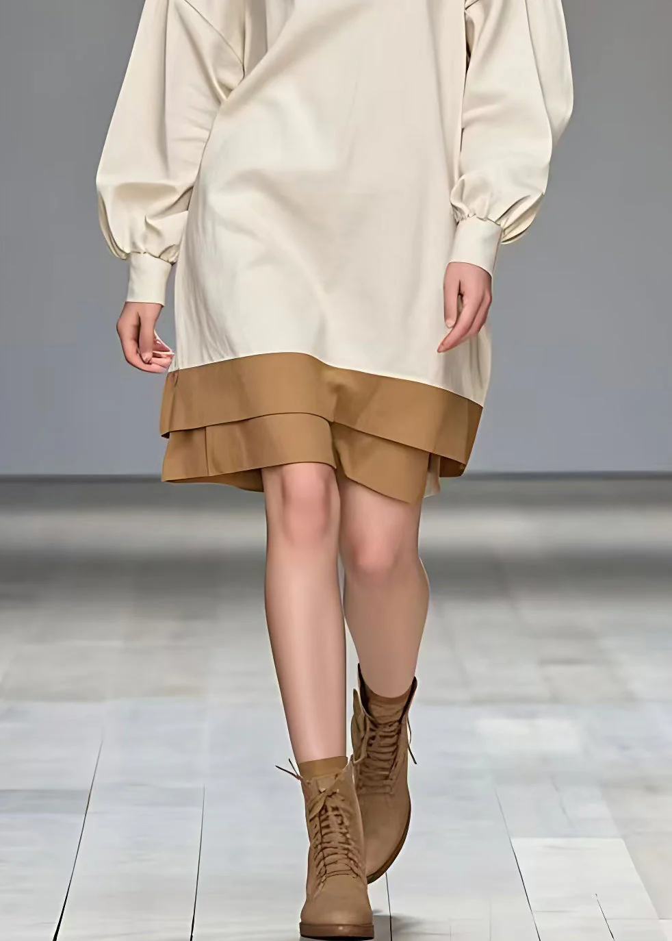 Italian Beige Patchwork Party Mid Dress Fall - Image 5