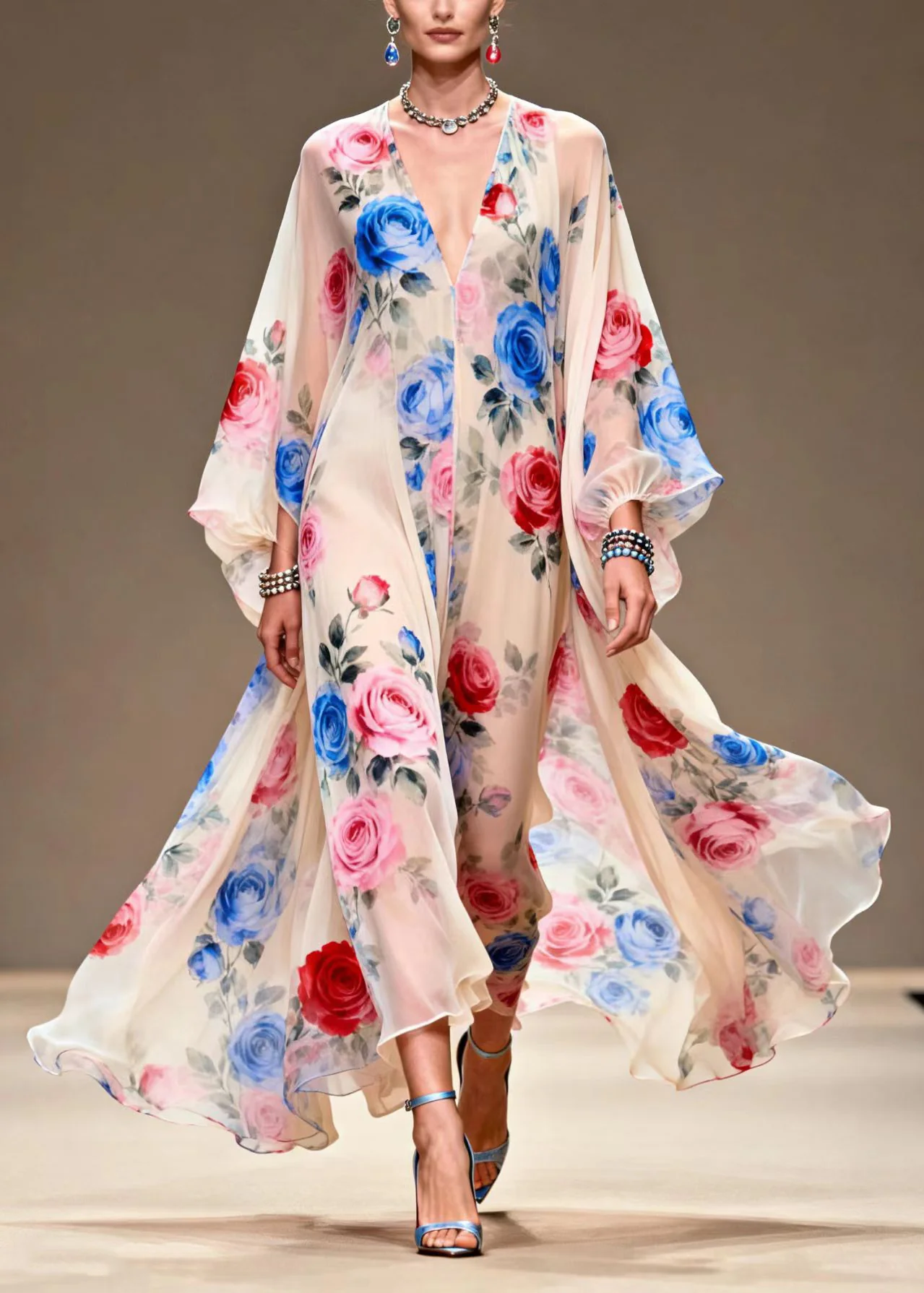 Italian Beige Print Exra Large Hem Chiffon Maxi Dresses Summer - Image 3