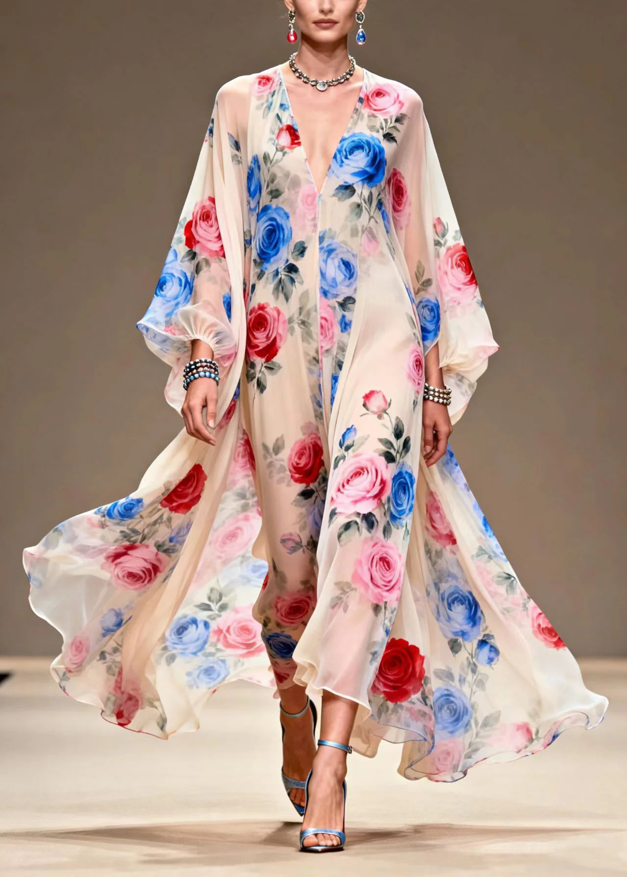 Italian Beige Print Exra Large Hem Chiffon Maxi Dresses Summer - Image 5