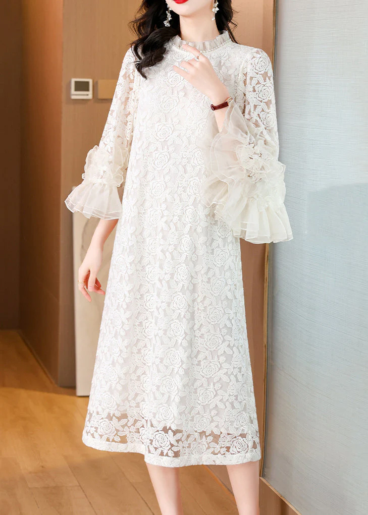 Italian Beige Ruffled Pearl Lace Long Dress Flare Sleeve - Image 2