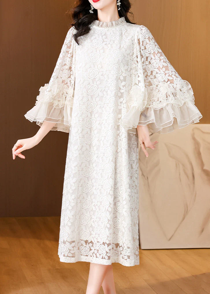 Italian Beige Ruffled Pearl Lace Long Dress Flare Sleeve - Image 3