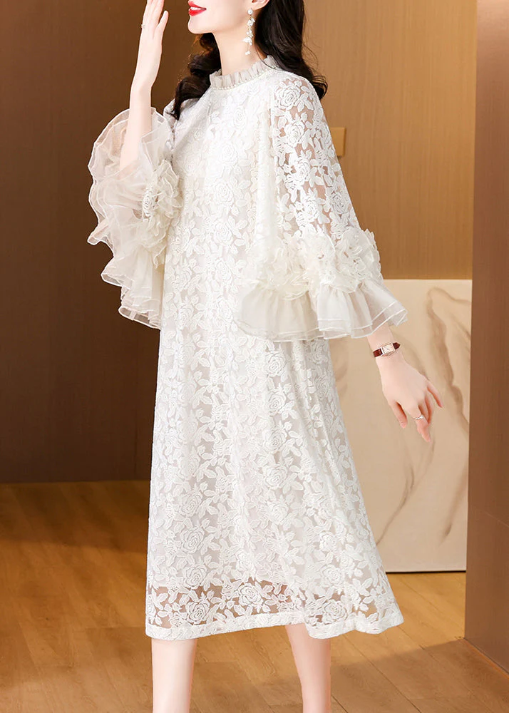 Italian Beige Ruffled Pearl Lace Long Dress Flare Sleeve - Image 4