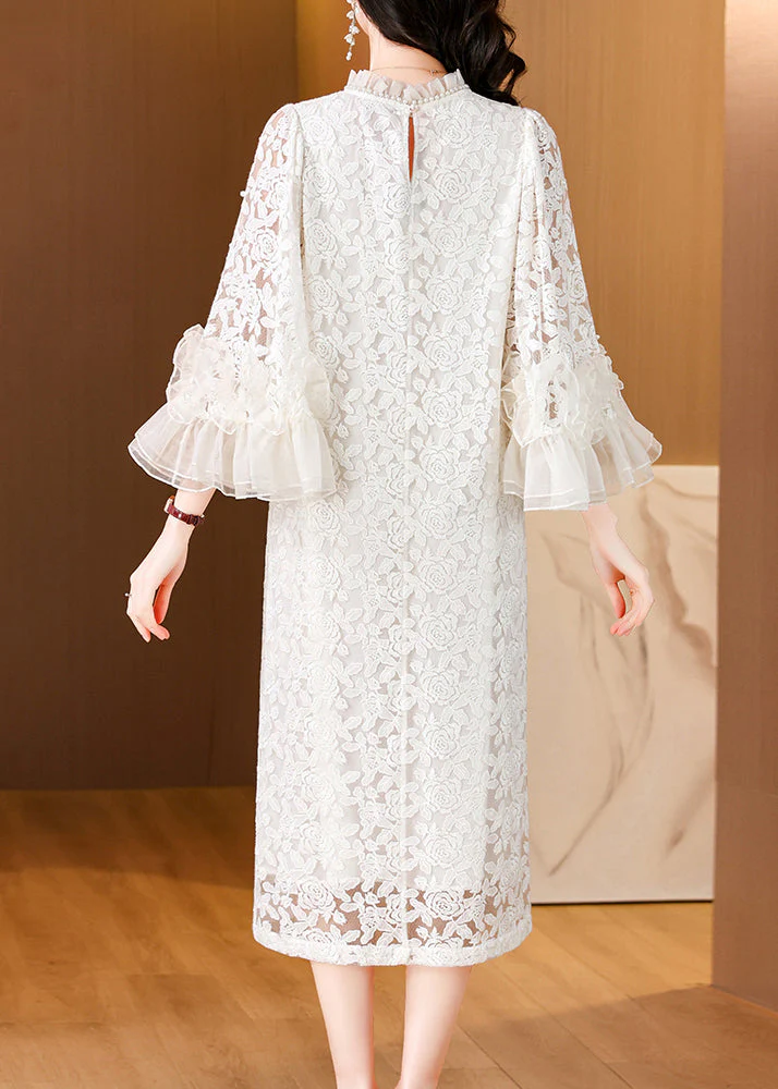 Italian Beige Ruffled Pearl Lace Long Dress Flare Sleeve - Image 5