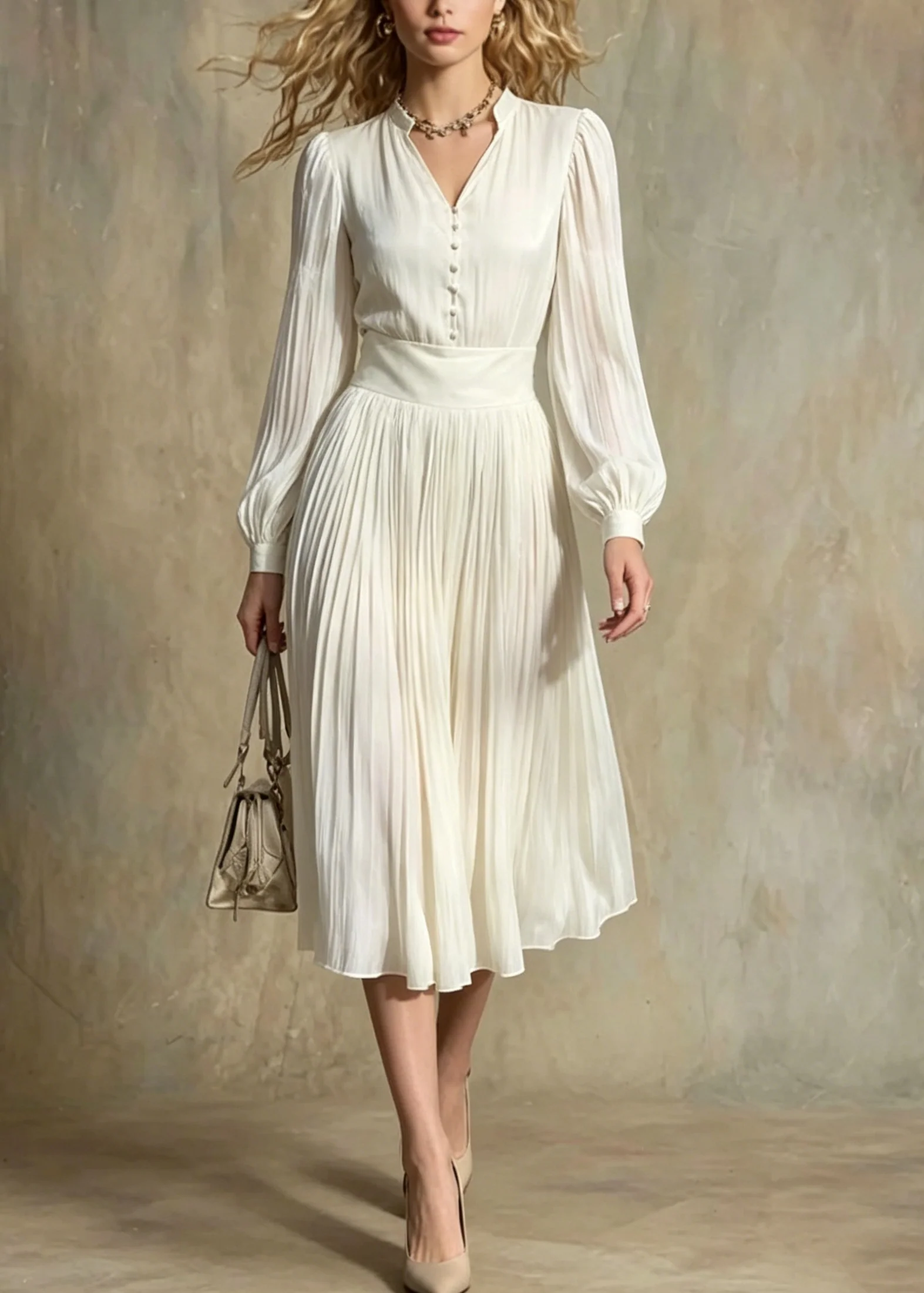 Italian Beige V Neck Button Patchwork Silk Maxi Dresses Lantern Sleeve