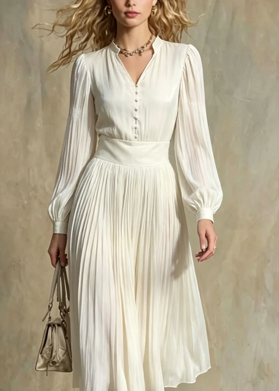 Italian Beige V Neck Button Patchwork Silk Maxi Dresses Lantern Sleeve - Image 2