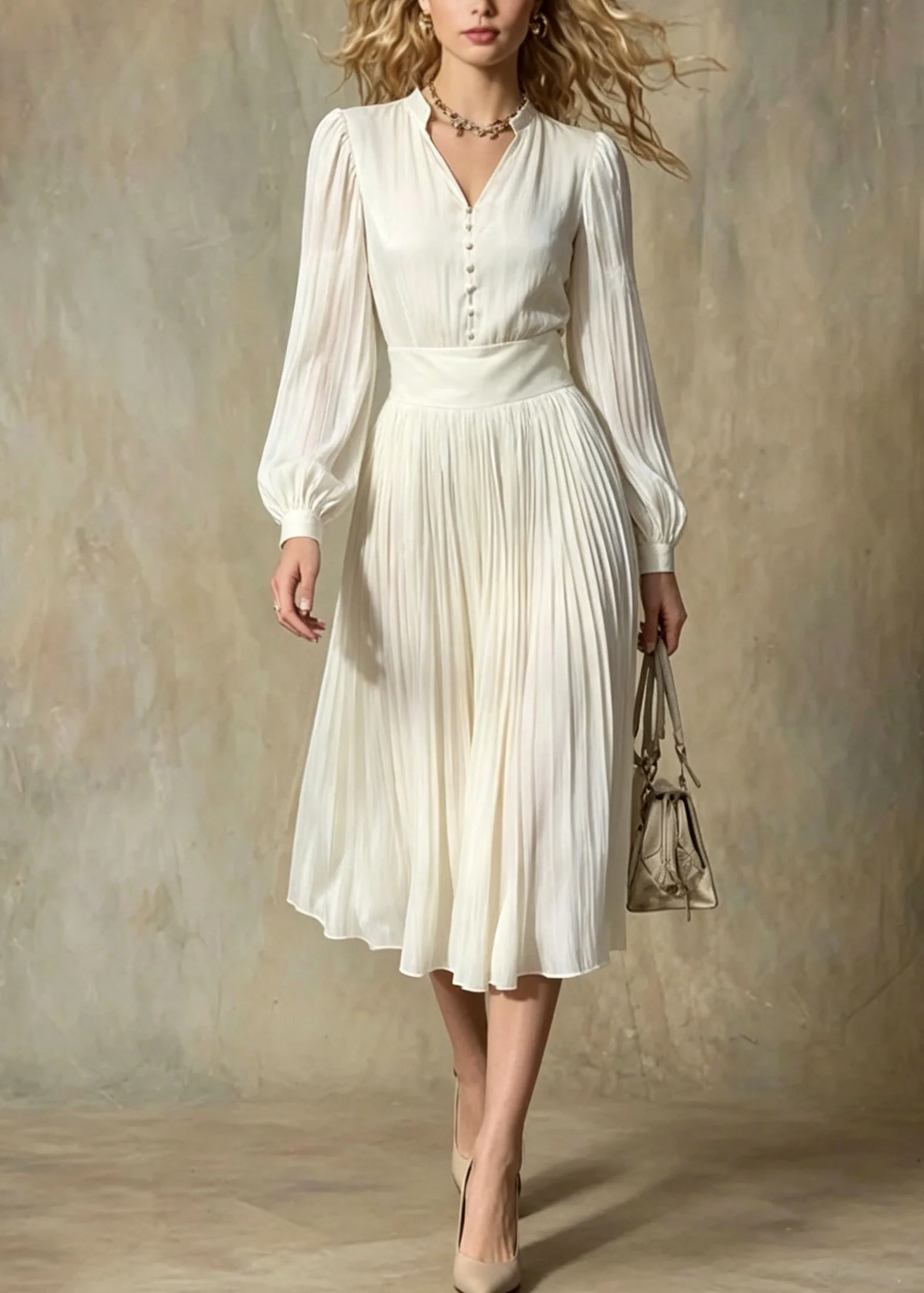 Italian Beige V Neck Button Patchwork Silk Maxi Dresses Lantern Sleeve - Image 3