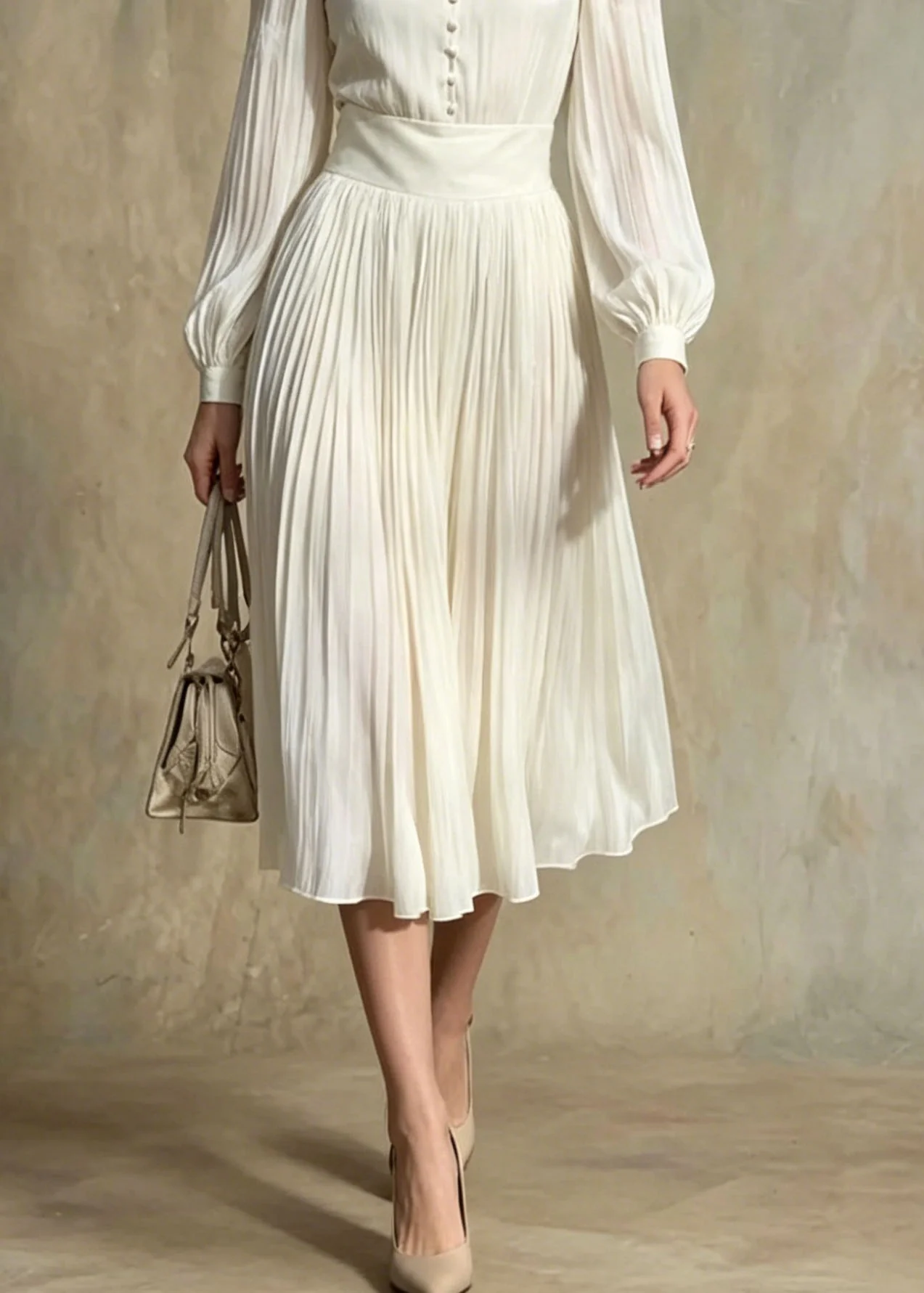 Italian Beige V Neck Button Patchwork Silk Maxi Dresses Lantern Sleeve - Image 4