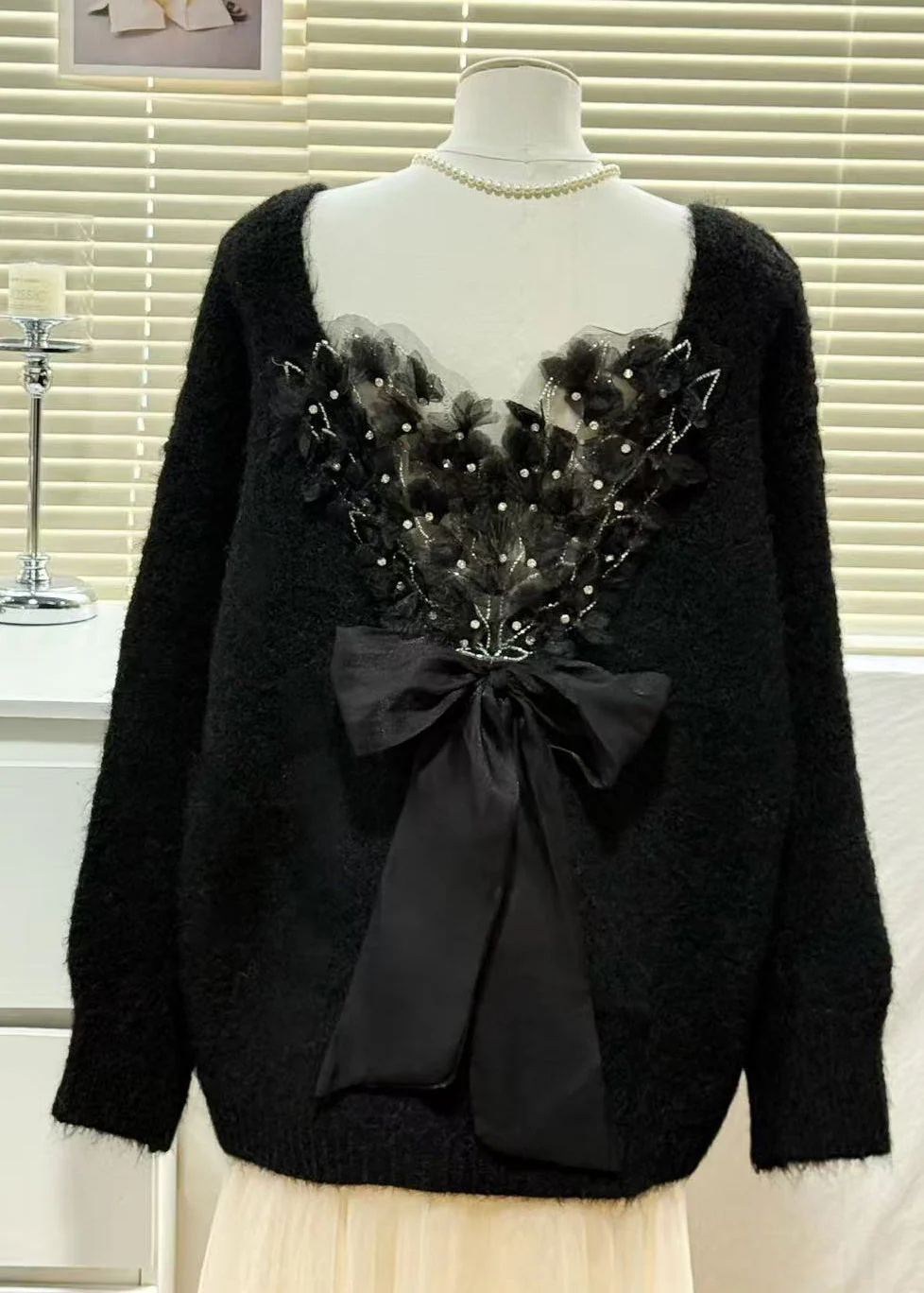 Italian Beige V Neck Patchwork Feather Bow Knitted Tops Winter - Image 3