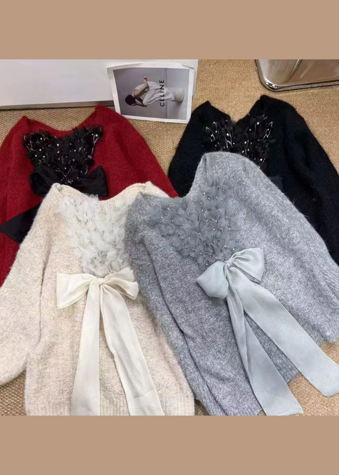 Italian Beige V Neck Patchwork Feather Bow Knitted Tops Winter - Image 5