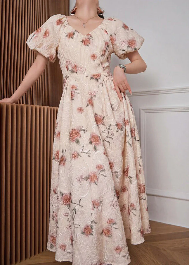 Italian Beige V Neck Print Wrinkled Long Dresses Puff Sleeve - Image 2