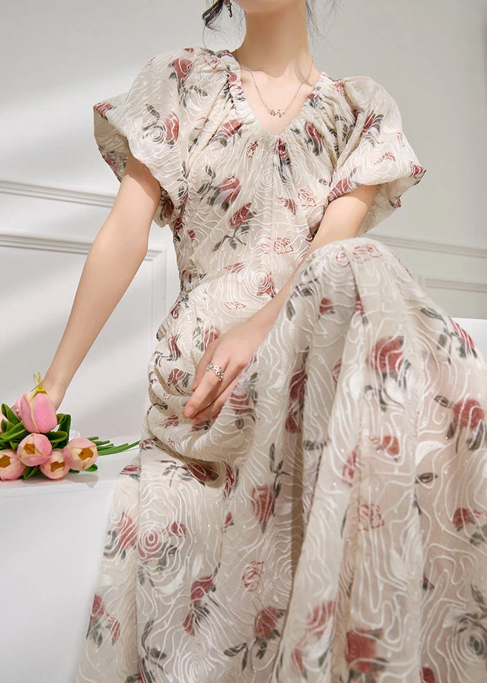 Italian Beige V Neck Print Wrinkled Long Dresses Puff Sleeve - Image 4